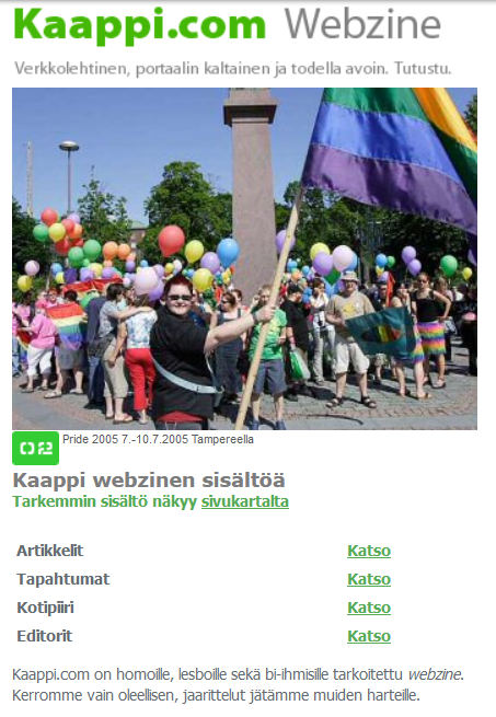 Kaappi.com -etusivu. Ihmisiä Pride-kulkueessa ja sivuston otsikoita.
