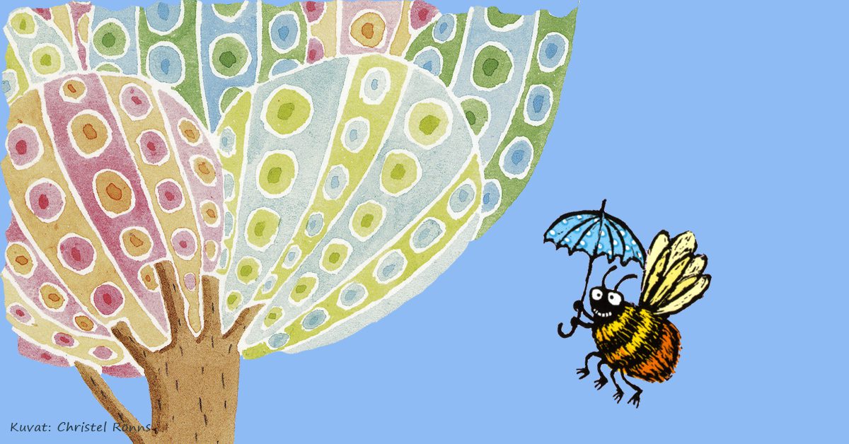 Christel Rönnsin kuvitus Tiitiäinen-lorukirjoihin. Mehiläinen lentää puun alla.