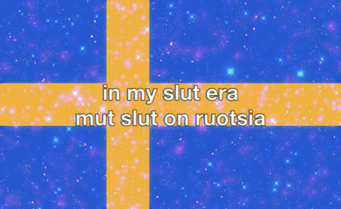 Meemi: glitteröity Ruotsin lippu, jossa teksti "in my slut era mut slut on ruotsia".