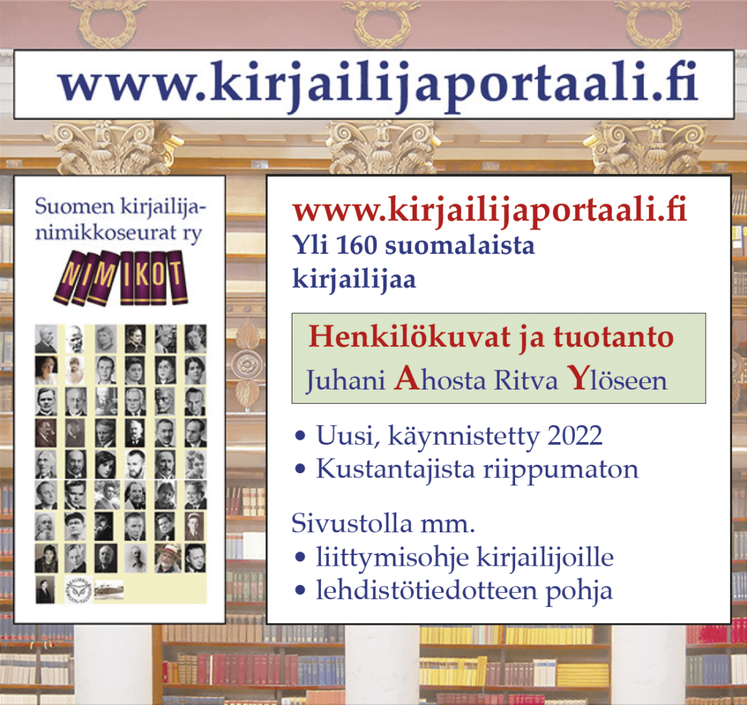 Kirjailijaportaalin tiedotuskuva. Portaalin verkko-osoite ja teksti:
Yli 160 suomalaista kirjailijaa. Henkilökuvat ja tuotanto Juhani Ahosta Ritva Ylöseen. Uusi, käynnistetty 2022. Kustantajista riippumaton. Sivustolla mm. liittymisohje kirjailijoille ja lehdistötiedotteen pohja.