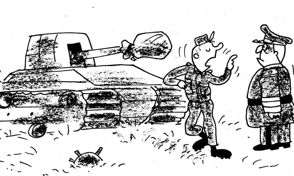Kätsyn piirros, jossa kaksi ihmistä keskustelee panssarivaunun edessä. Vaunun tykin suu on tilkitty umpeen.