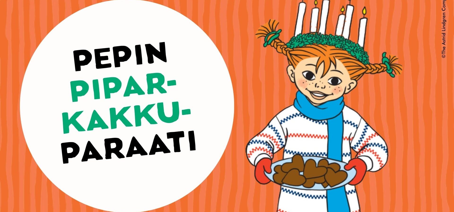 Pepin piparkakkuparaati -nimi ja piirros Peppi Pitkätossusta piparitarjotin kädessään