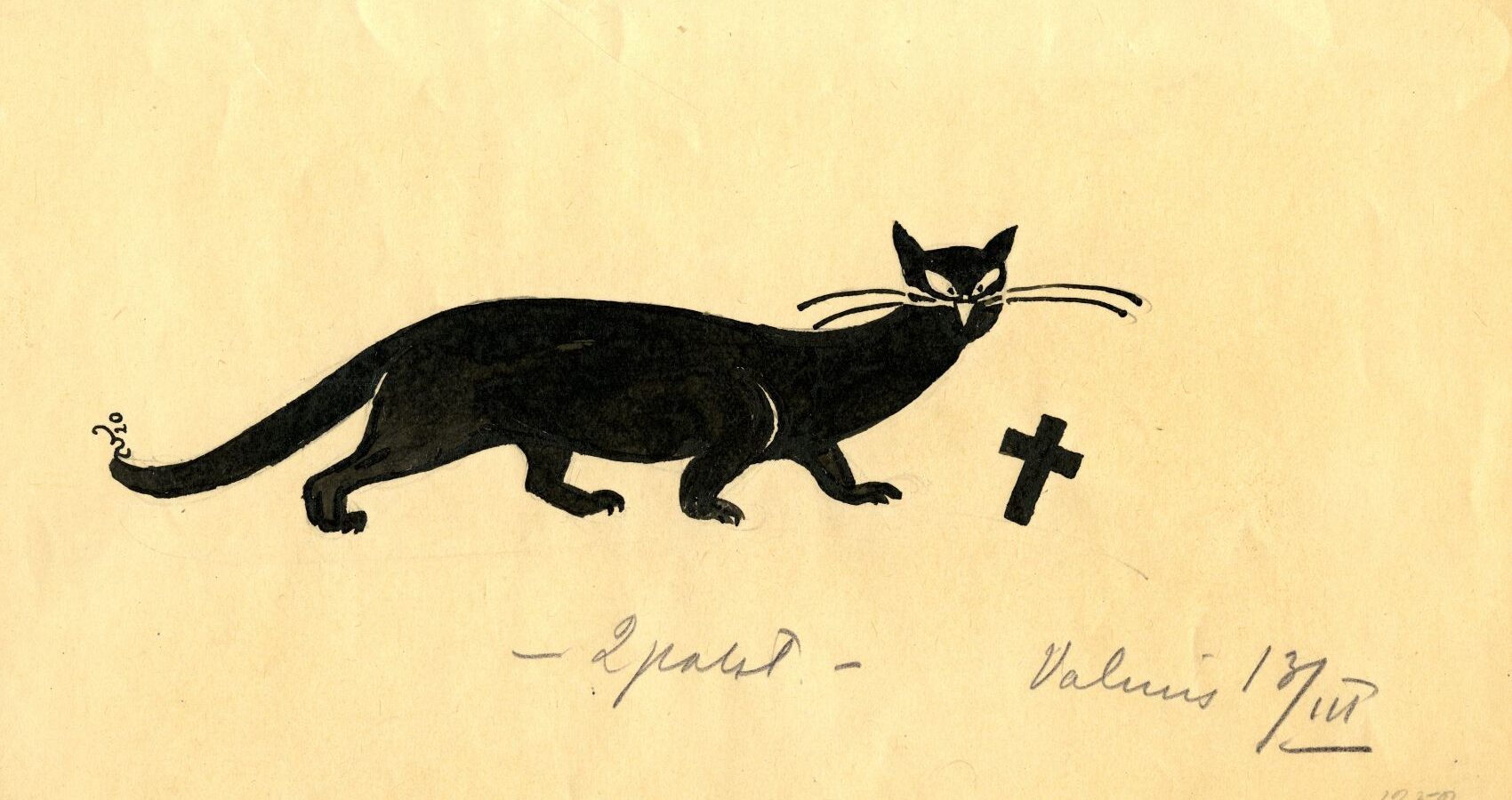 Piirros, musta kissa ja pieni musta risti.