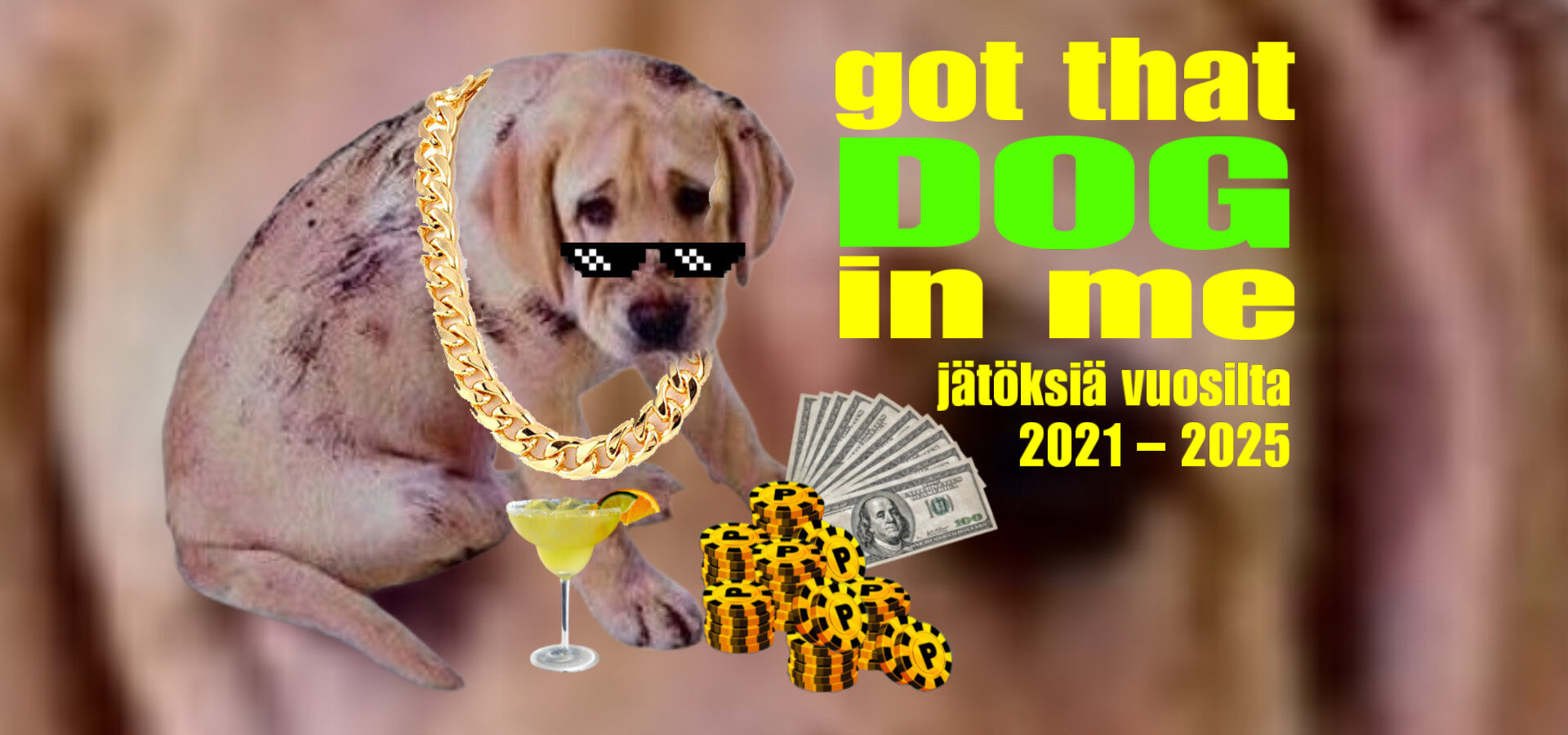 Porine.koer -näyttelyn nimi. Kuva kultaisesta noutajasta, jolle on lisätty aurinkolasit, kultaketju, drinkki ja pokeripelimerkkejä.