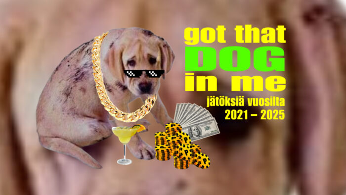 Porine.koer -näyttelyn nimi. Kuva kultaisesta noutajasta, jolle on lisätty aurinkolasit, kultaketju, drinkki ja pokeripelimerkkejä.