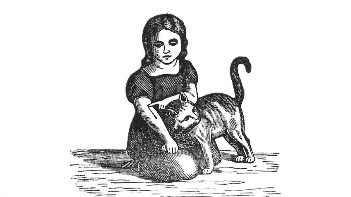 Mustavalkoinen painokuva, jossa lapsi ja kissa yhdessä.