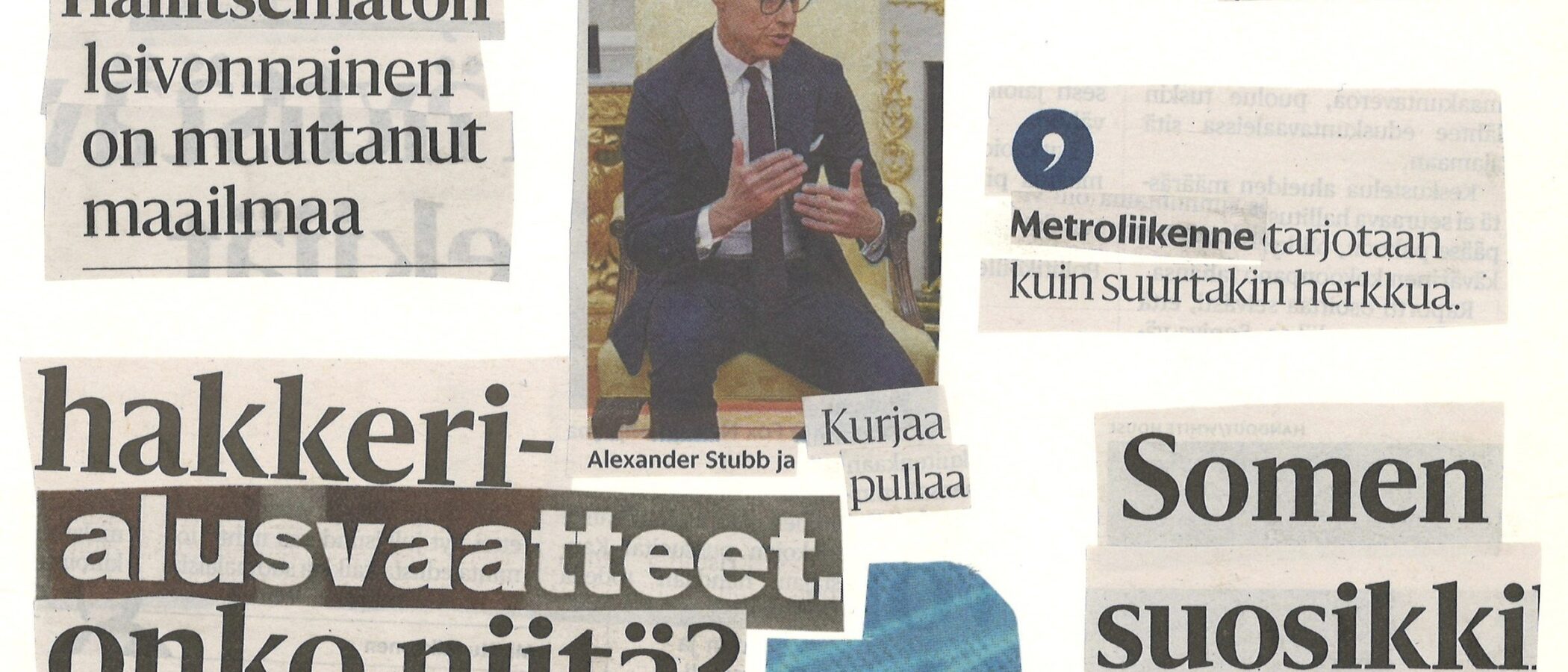 Sanomalehden tekstistä ja kuvista tehty humoristinen kollaasi