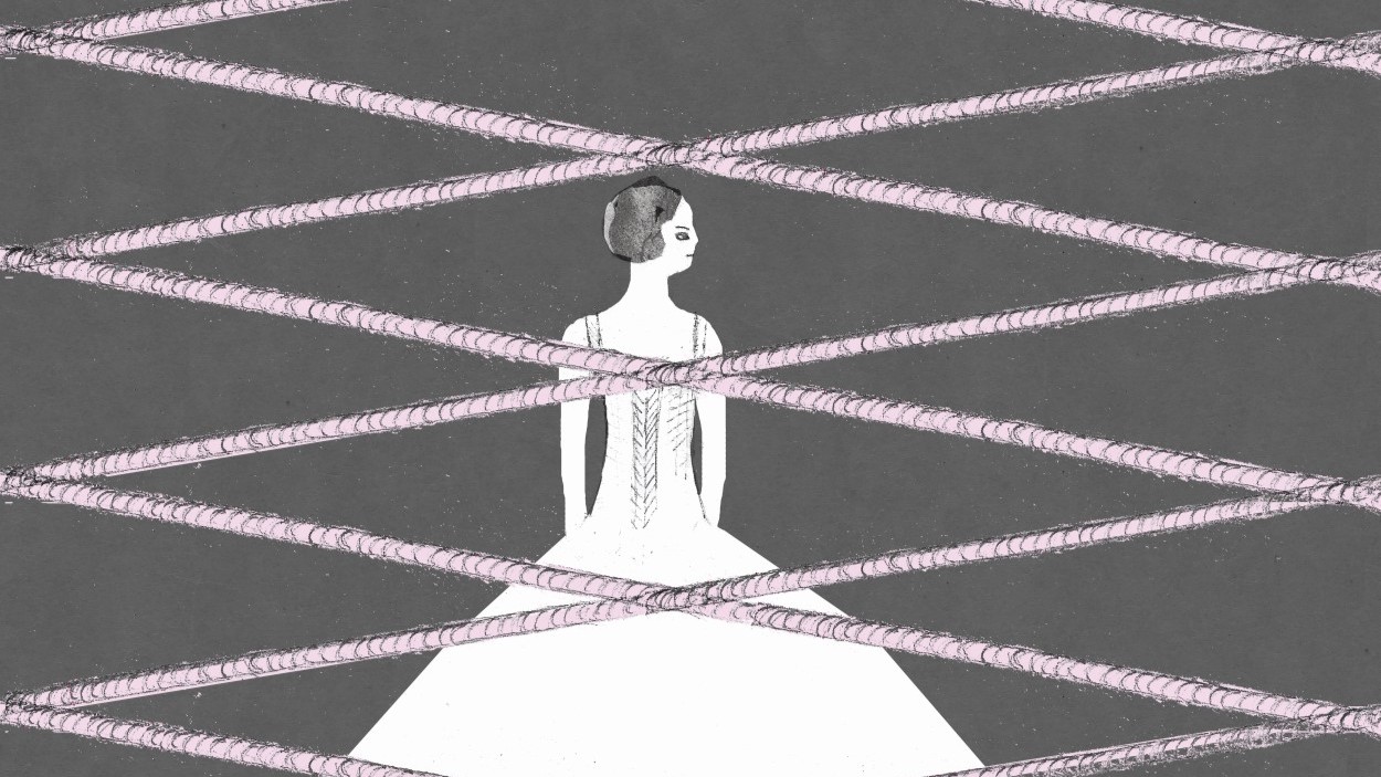 Kuvitus: apean näköinen nainen pitkässä tyköistuvassa edessä. Etualalla korsetin nyörit mieleen tuovia sik sak -muodossa olevia naruja.