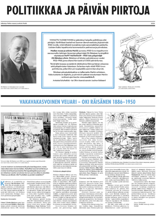 Piirtäjä Oki Räisäsestä ja poliittisesta pilapiirroksesta kertovan erikoislehden etusivu