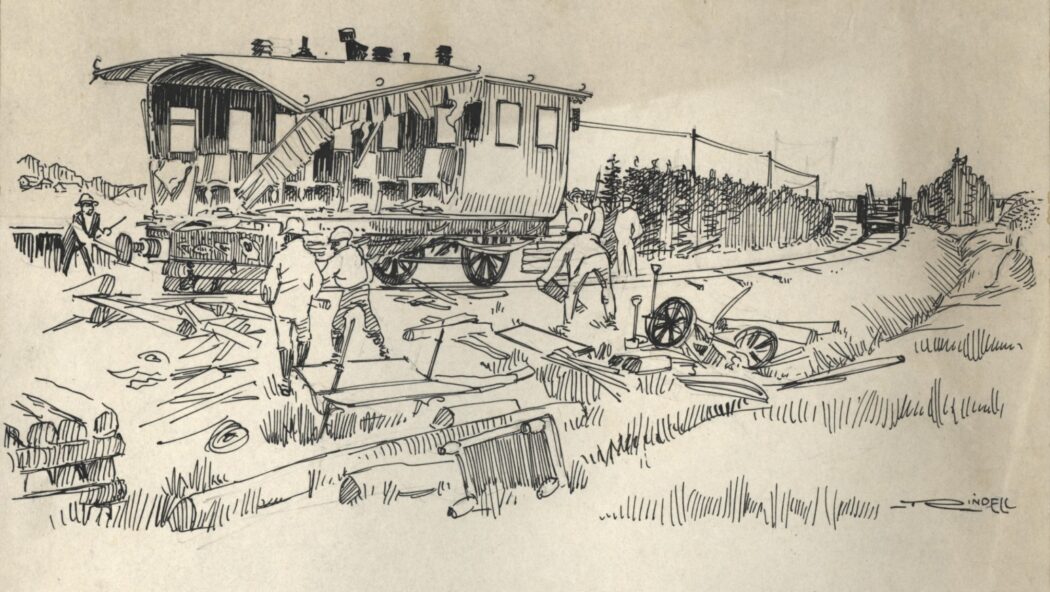 Piirros, jossa junaonnettomuudessa vaurioitunut vaunu.