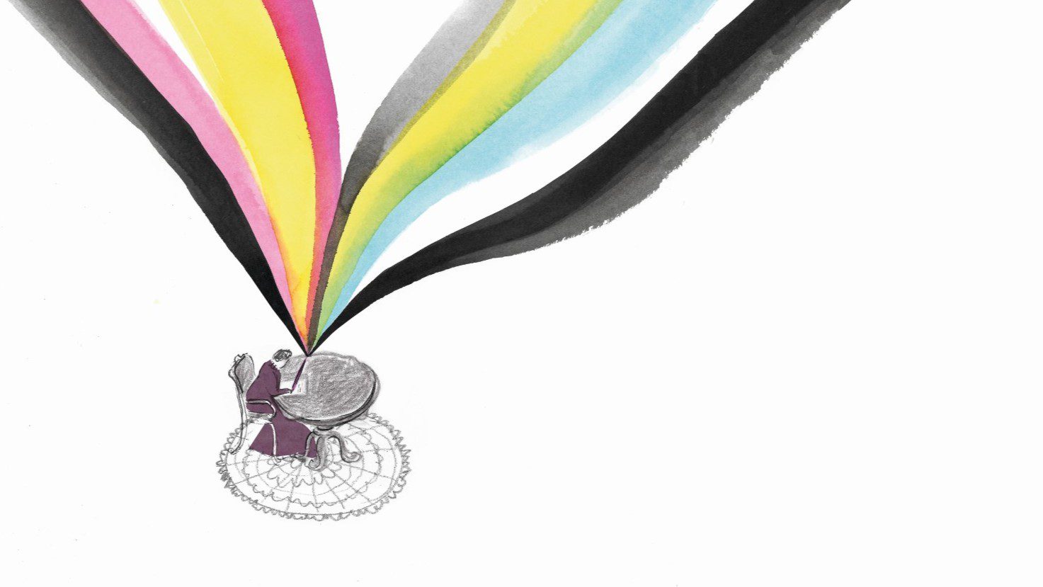 Kuvitus: kirjoittaja pienen pöydän ääressä. Hänestä nousee värikkäitä aaltomaisia virtauksia ylöspäin.