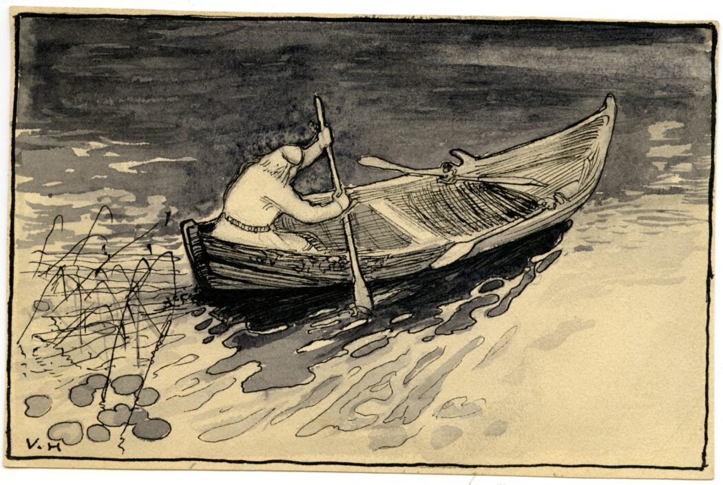 Piirros, jossa mies meloo venettä.