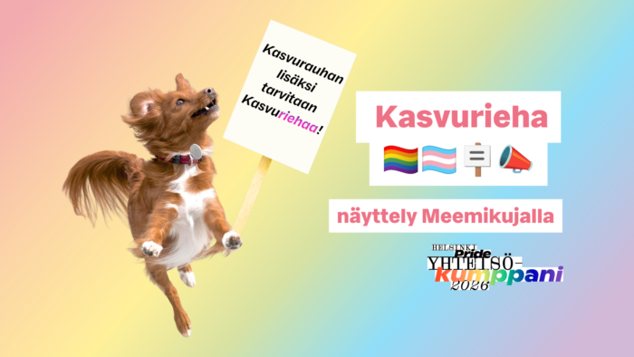 Näyttelyn mainoskuva, jossa on hyppäävä koira, jolla on Kasvurieha-kyltti etukäpälässään