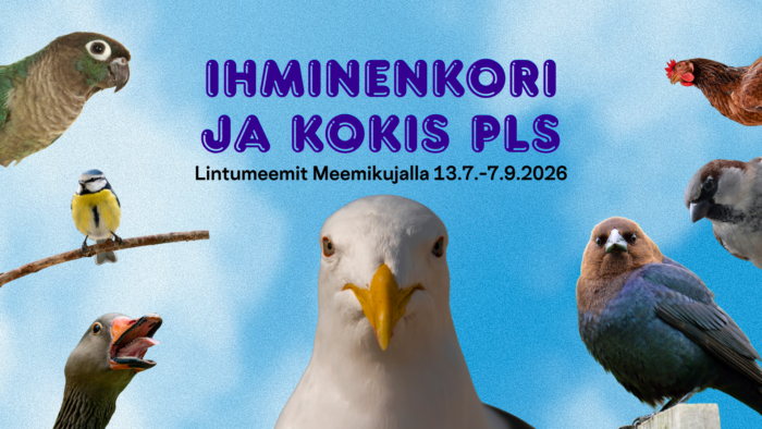 Ihminenkori ja kokis pls -näyttelyn tiedotuskuva. Näyttelyn nimi ja seitsemän erilaista lintua sinisellä taustalla.